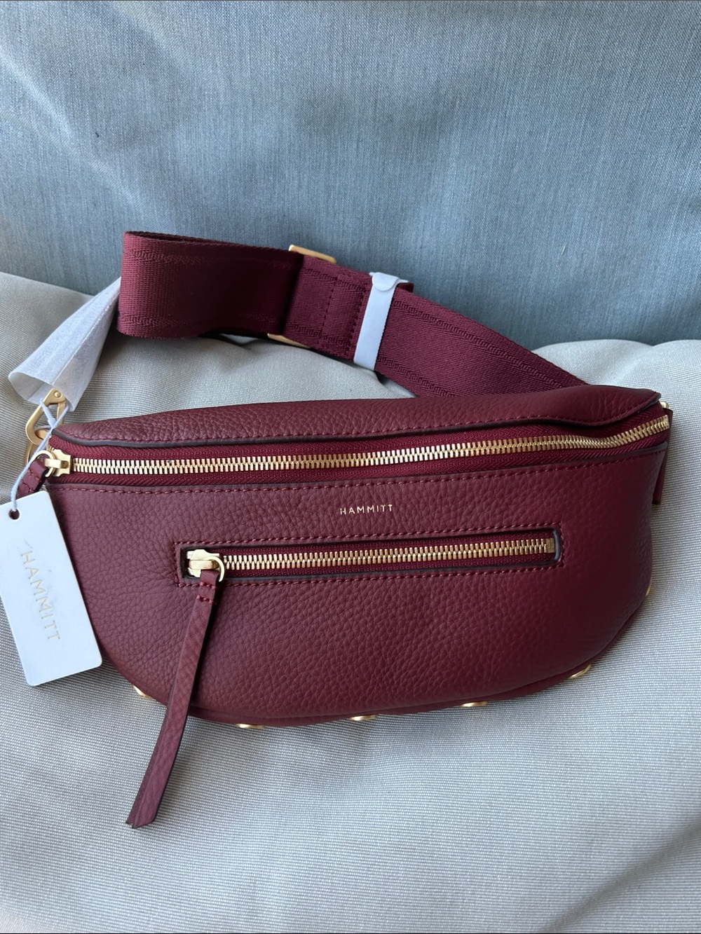 Hammitt Wine Red Pebbled Leather Crossbody Belt Bag with Gold Hardware